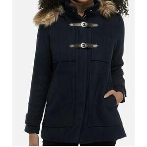 New Coffee Shop Wool Duffle Trench Coat Faux Fur Trimmed Hood XS Brown